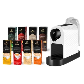 Ekspres ciśnieniowy na kapsułki Tchibo Cafissimo PURE+ (biały) + 80 kapsułek (zestaw degustacyjny)
