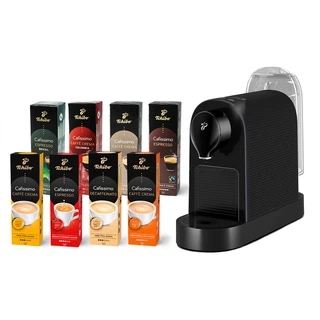 Ekspres ciśnieniowy na kapsułki Tchibo Cafissimo PURE+ (czarny)+ 80 kapsułek (zestaw degustacyjny)