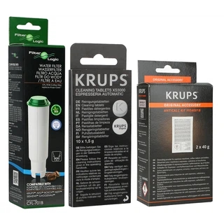 Zestaw do konserwacji ekspresu Krups (filtr FilterLogic CFL-701B + tabletki czyszczące XS3000 + odkamieniacz F054)