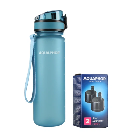 Butelka filtrująca wodę Aquaphor City 500ml (błękitna) + opakowanie filtrów - miniatura 1