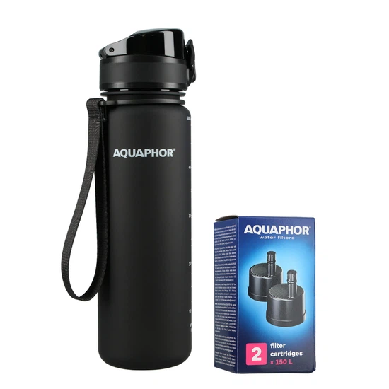Butelka filtrująca wodę Aquaphor City 500ml (czarna) + opakowanie filtrów - miniatura 1