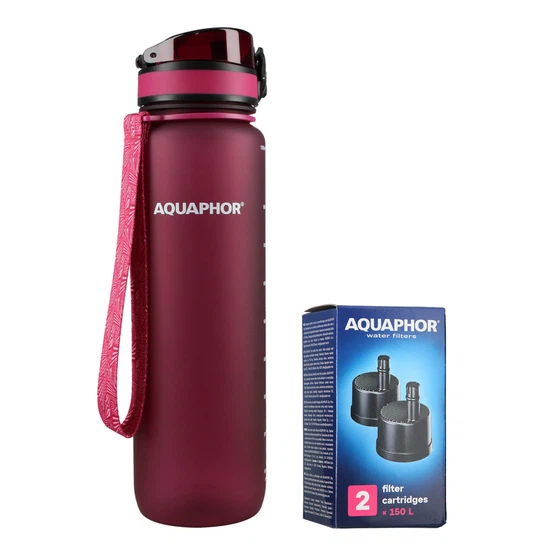 Butelka filtrująca wodę Aquaphor City 1000ml (bordowa) + opakowanie filtrów - miniatura 1