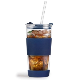 Szklany kubek do kawy ze słomką Vialli Design FUORI 600ml 30381 (granatowy) - miniatura 2