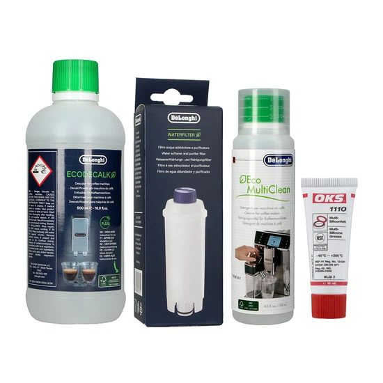 Zestaw do konserwacji espresu DeLonghi: DLSC002 + SER3013 + OKS1110 + EcoDecalk 500ml - miniatura 1
