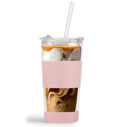 Szklany kubek do kawy ze słomką Vialli Design FUORI 600ml 30411 (różowy) - miniatura 2