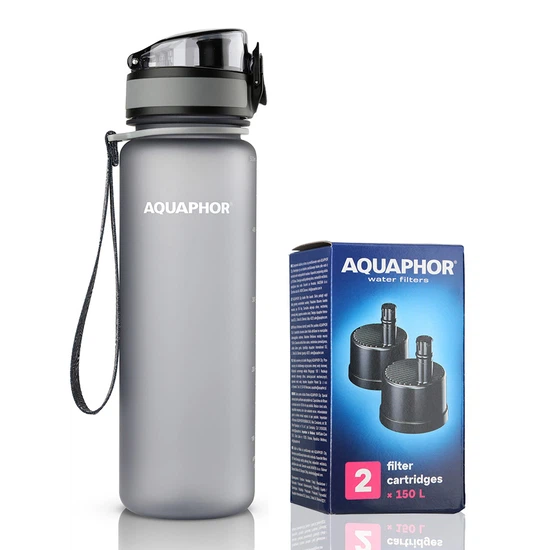 Butelka filtrująca wodę Aquaphor City 500ml (szara) + opakowanie filtrów - miniatura 1