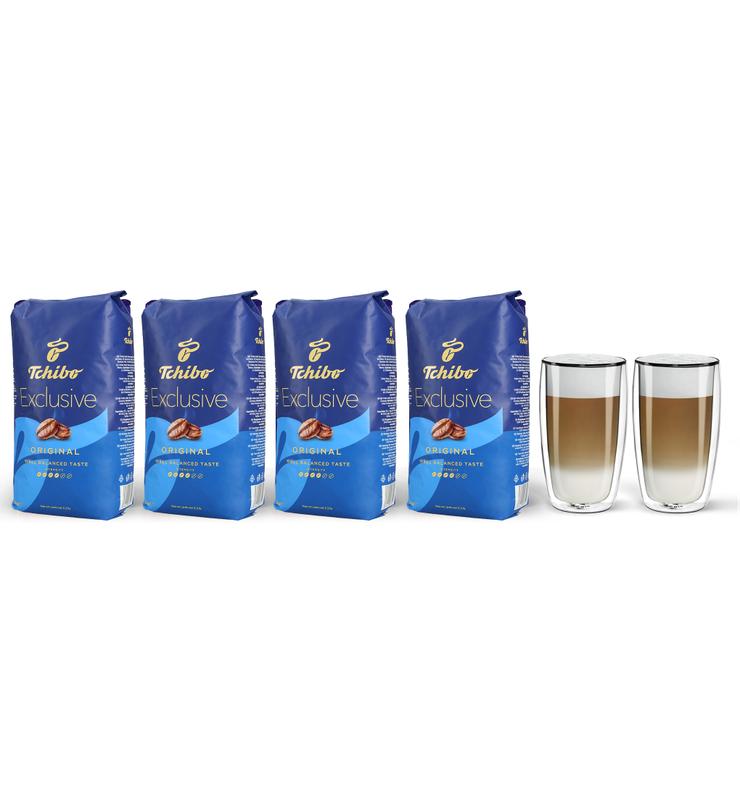 Kawa ziarnista Tchibo Exclusive 4kg + szklanki termiczne do latte FilterLogic CFL-670 w zestawie