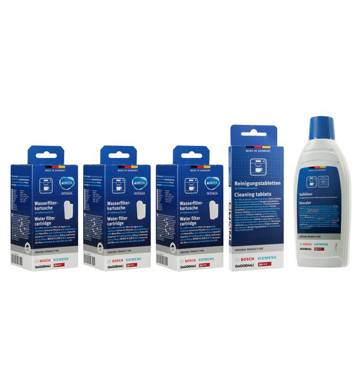 Zestaw do konserwacji ekspresu Bosch Siemens: 3x filtr Intenza TCZ7003 17000705 + tabletki czyszczące 311969 + odkamieniacz 500ml 311968