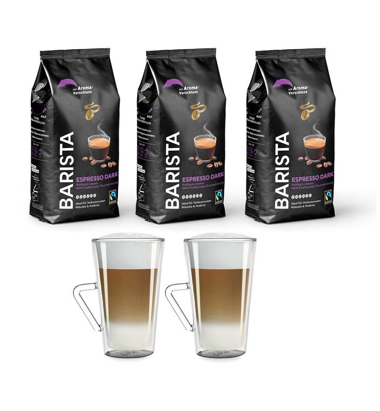 Kawa ziarnista Tchibo Barista Espresso Dark 3kg + szklanki termiczne do latte z uchem FilterLogic CFL-675B w zestawie