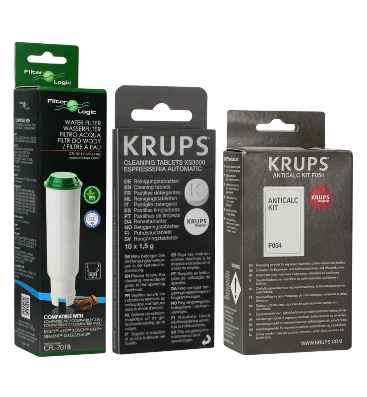 Zestaw do konserwacji ekspresu Krups (filtr FilterLogic CFL-701B + tabletki czyszczące XS3000 + odkamieniacz F054)