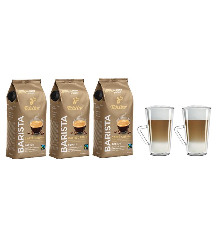 Kawa ziarnista Tchibo Barista Caffe Crema 3kg + szklanki termiczne do latte z uchem FilterLogicCFL-675B w zestawie