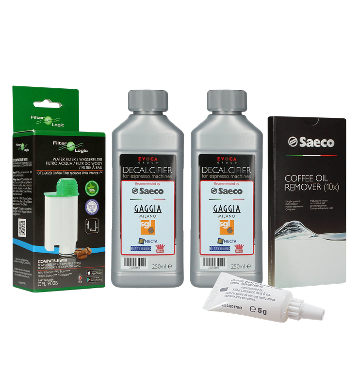 Zestaw do konserwacji ekspresu Saeco (FilterLogic CFL-902B + odkamieniacz Saeco CA6700/99 500 ml (2x250 ml) + tabl. czyszczące Saeco CA6704 + smar Saeco HD5061/01)