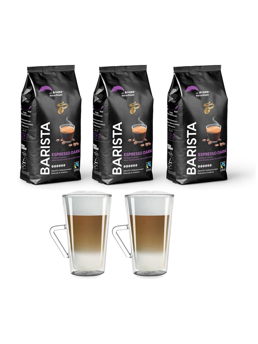 Kawa ziarnista Tchibo Barista Espresso Dark 3kg + szklanki termiczne do latte z uchem FilterLogic CFL-675B w zestawie