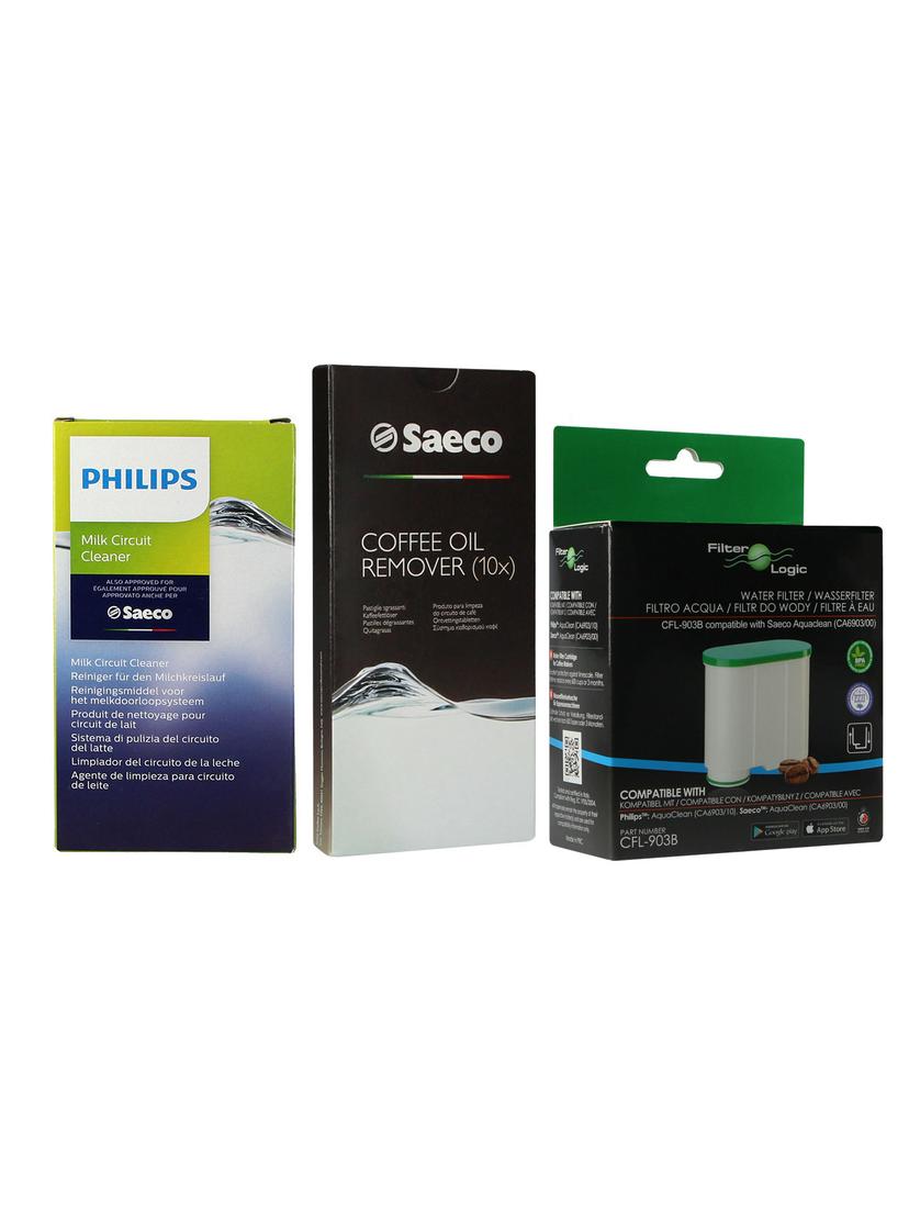 Zestaw do konserwacji ekspresu Saeco: filtr CFL-903B + tabletki CA6704 + środek czyszczący CA6705/10