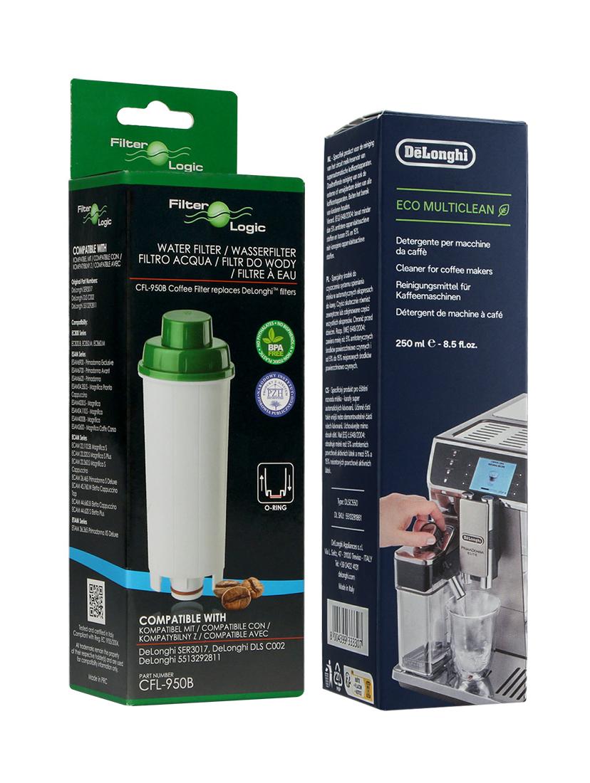Zestaw do konserwacji ekspresu DeLonghi (filtr CFL-950B + płyn do czyszczenia dysz DeLonghi DLSC550