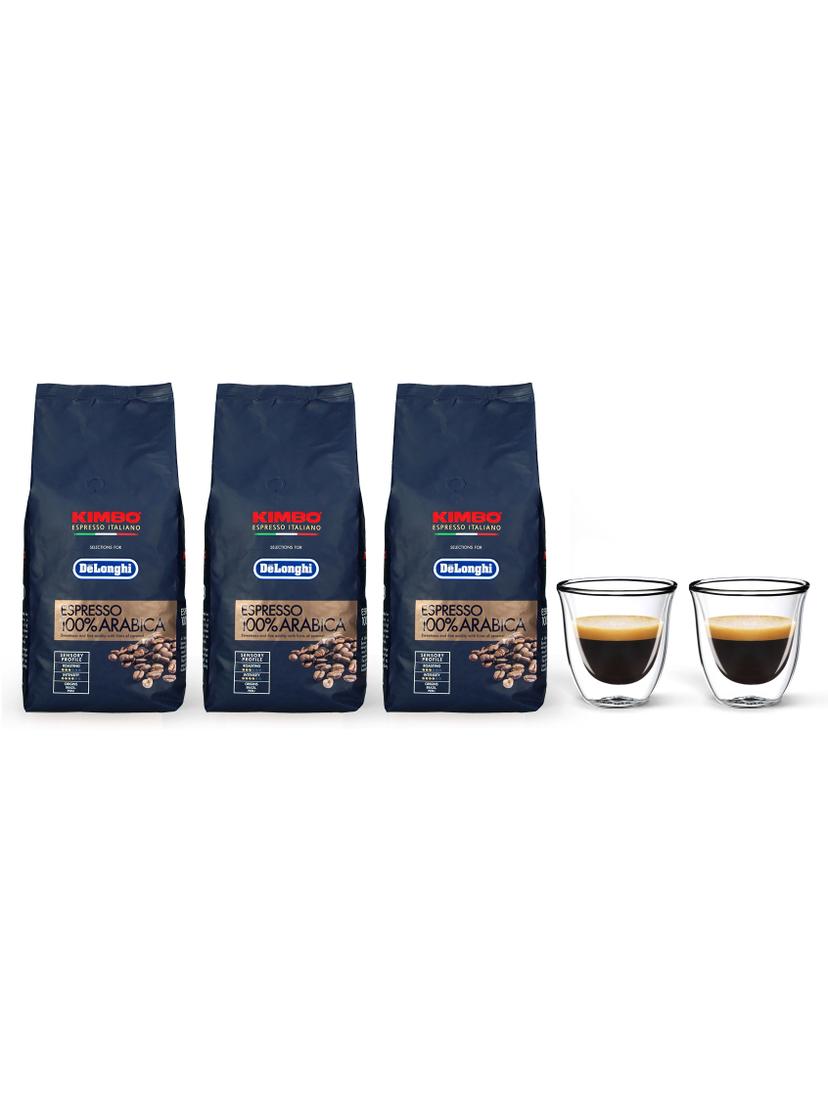 Kawa ziarnista Kimbo DeLonghi Espresso Arabica 100% 3x 1kg + szklanki do espresso FilterLogic CFL-655 w zestawie
