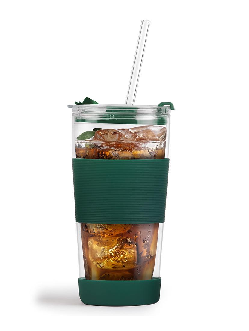 Szklany kubek do kawy ze słomką Vialli Design FUORI 600ml 30398 (zielony)