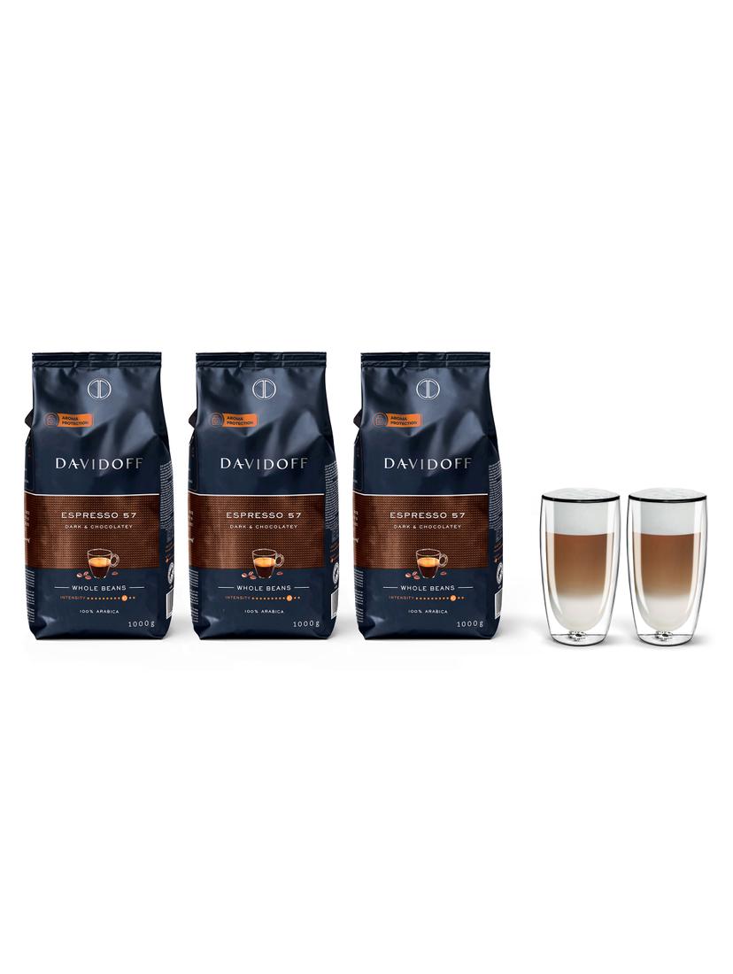 Kawa ziarnista premium Davidoff Espresso 57 3kg + szklanki do latte FilterLogic CFL-670