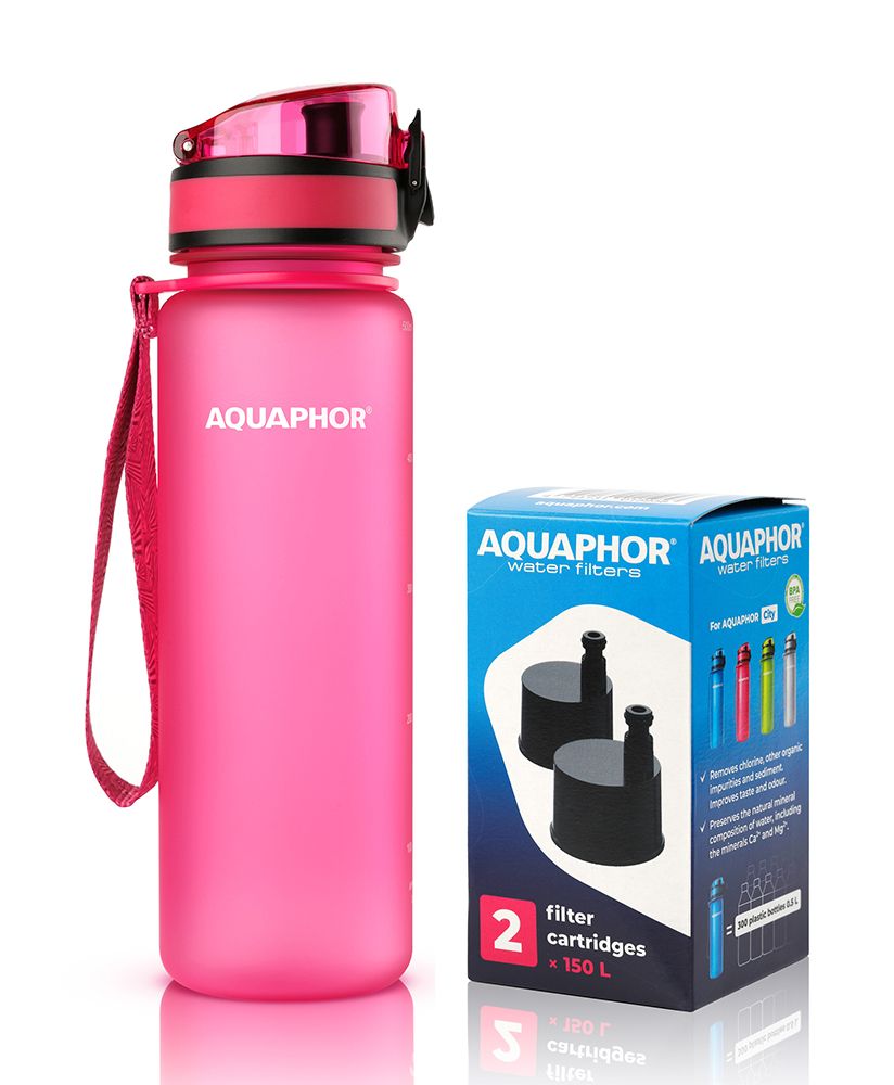 Butelka filtrująca wodę Aquaphor City 500ml (różowa) + opakowanie filtrów